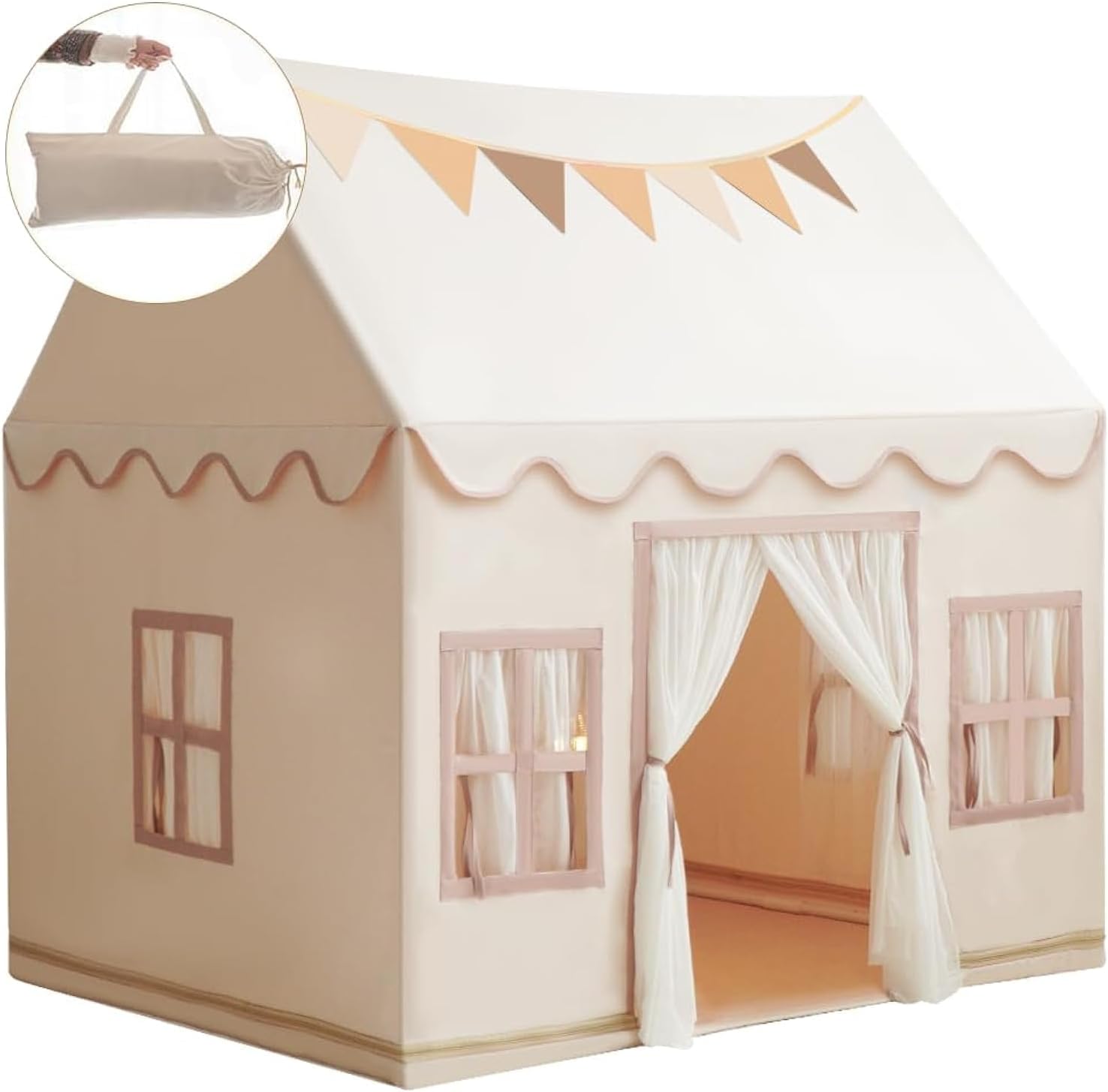 61qMj-7KkBL._AC_SL1500_.jpg Large Kids Tent Playhouse Base Fabric with Star Lights, Flags and Tote Bags, Kids Play Tent Indoor & Outdoor, Washable Teepee Tent for Boys & Girls, Play House for Toddler, Neutral Color - Image 1