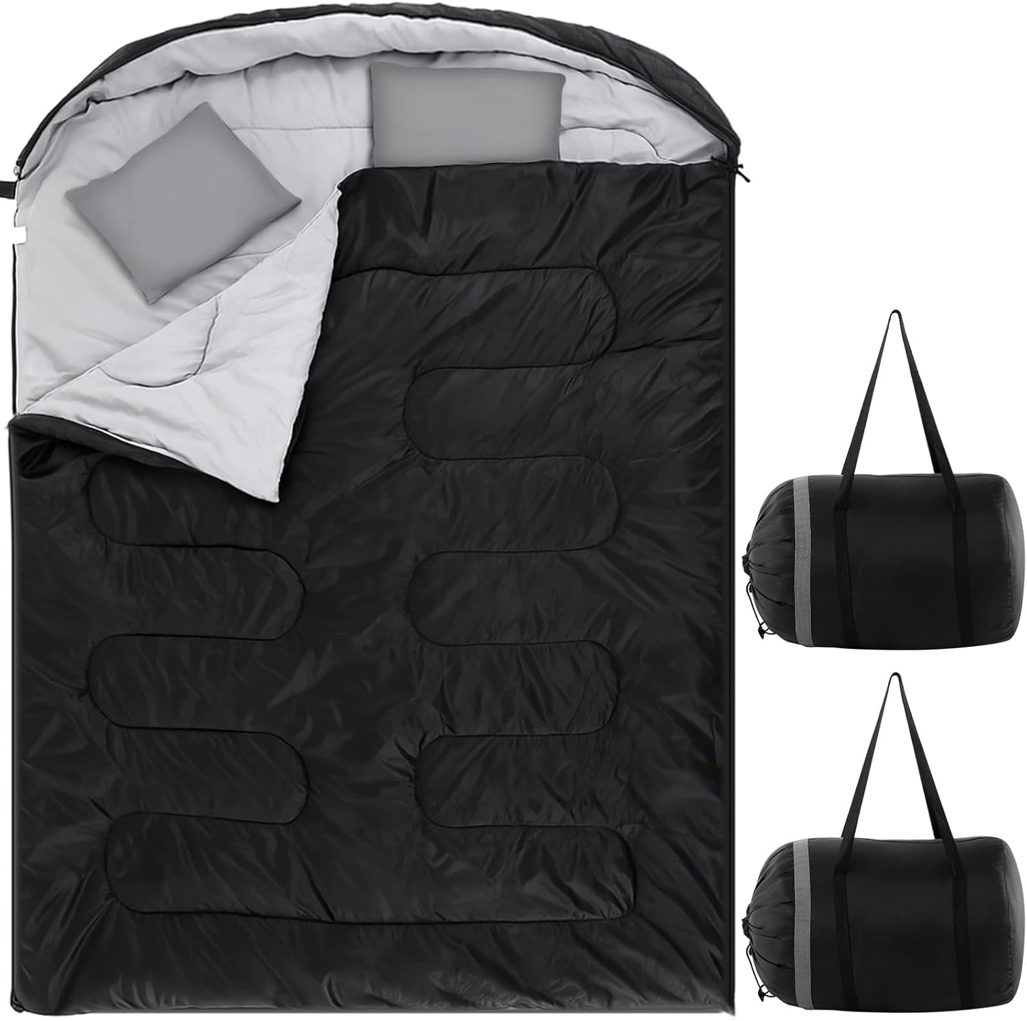 61uJkyllwL._AC_SL1500_.jpg 2 Pack Double Sleeping Bag for Adults, Queen Size Two Person Camping Sleeping Bag with Pillow Waterproof 3 Season Cotton Fabric for Hiking Backpacking Warm & Cold Weather - Image 1