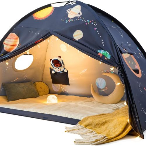 Space Galaxy Bed Tent for Kids – Sleep Bed Canopy with 9 Planets Design, Easy-to-Install Indoor Kids Play Tent, Imaginative Playhouse, Ideal Gift for Boys & Girls – 77" x 40" x 46"