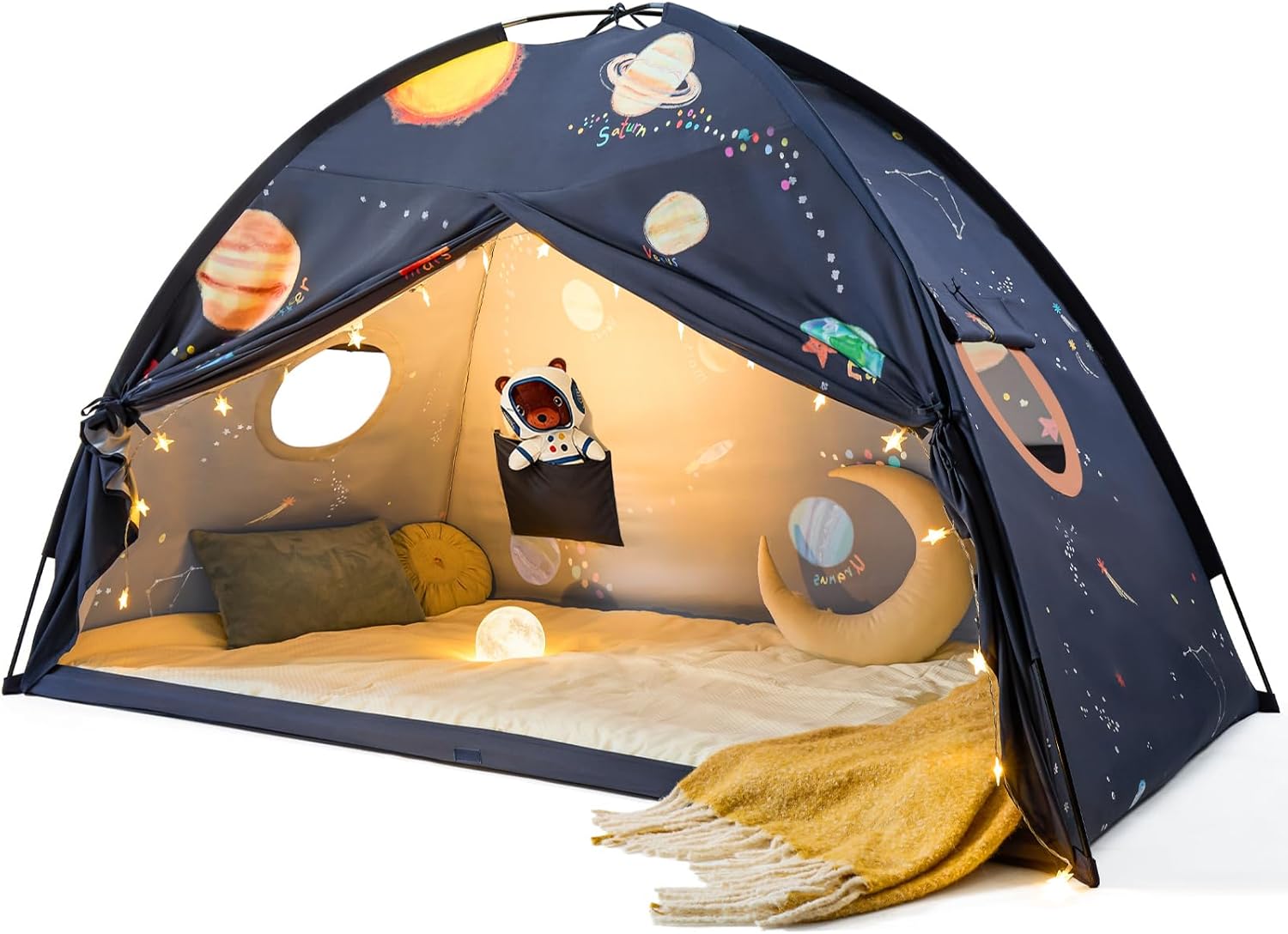 71cRdX5u9vL._AC_SL1500_.jpg Space Galaxy Bed Tent for Kids – Sleep Bed Canopy with 9 Planets Design, Easy-to-Install Indoor Kids Play Tent, Imaginative Playhouse, Ideal Gift for Boys & Girls – 77" x 40" x 46" - Image 1