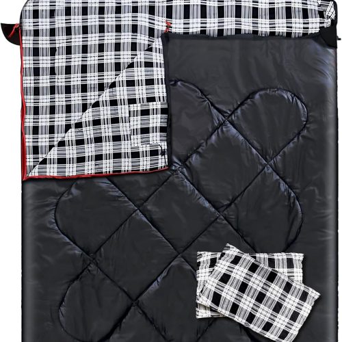 Double Sleeping Bag for Adults with 2 Pillows, Camping Sleeping Bags Flannel Cotton 2 Person Sleeping Bags XXL Queen Size Sleeping Bag for Cold Weather