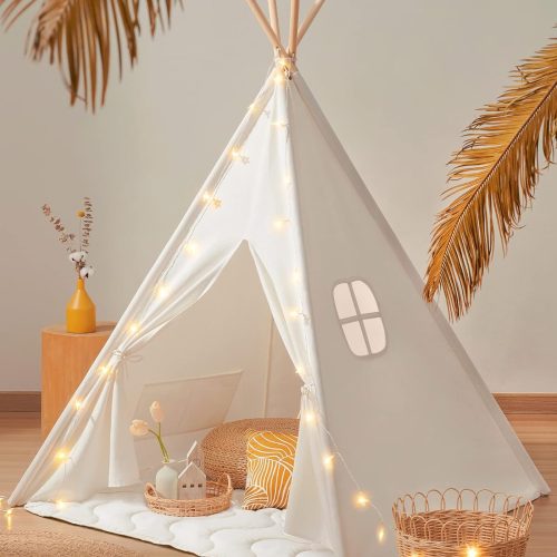 Teepee Tent for Kids – 100% Cotton Play Tent with Padded Mat & Star Lights, Foldable with Carry Bag, Indoor Play Tent for Girls & Boys