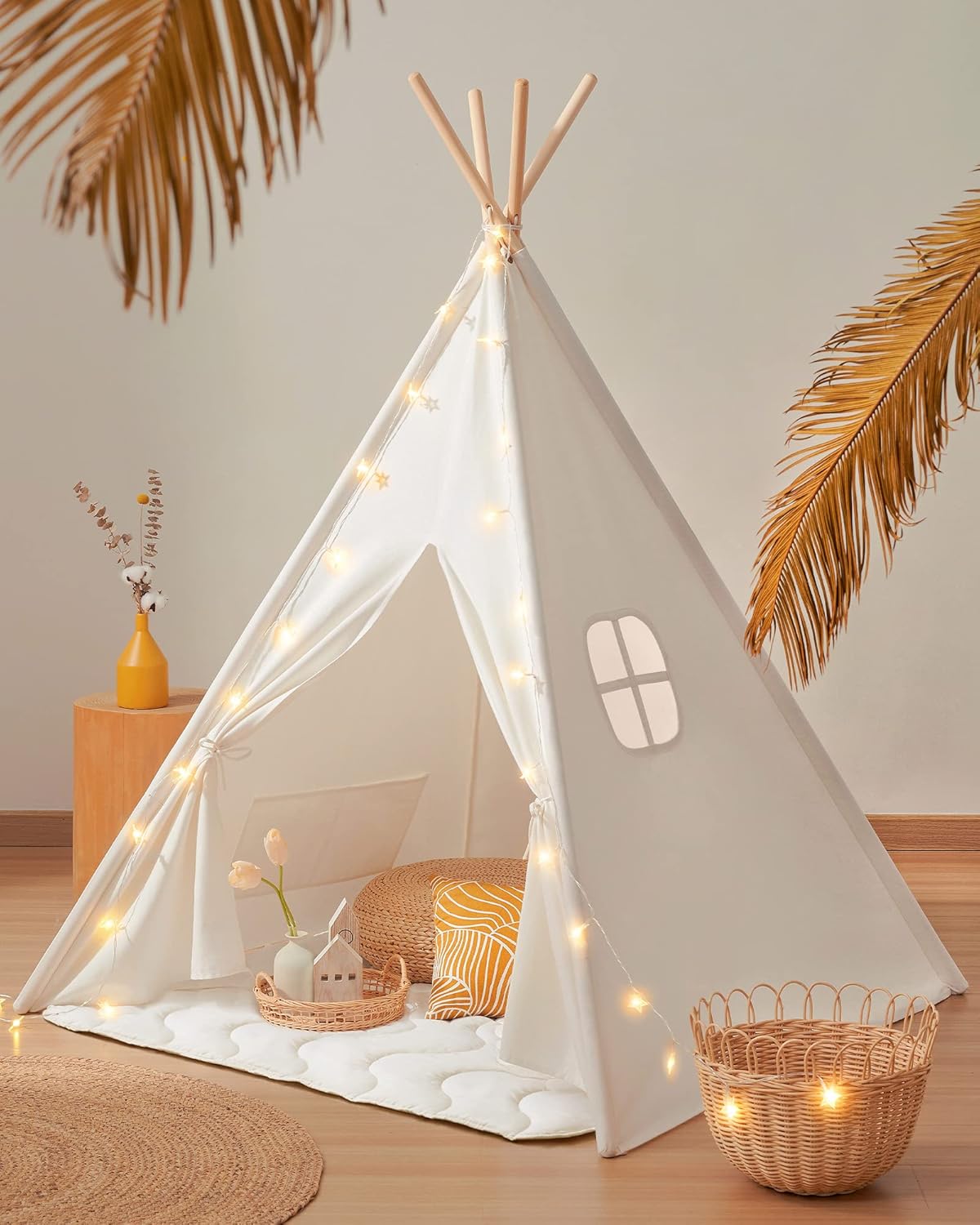81aJ9FfuwML._AC_SL1500_.jpg Teepee Tent for Kids – 100% Cotton Play Tent with Padded Mat & Star Lights, Foldable with Carry Bag, Indoor Play Tent for Girls & Boys - Image 1